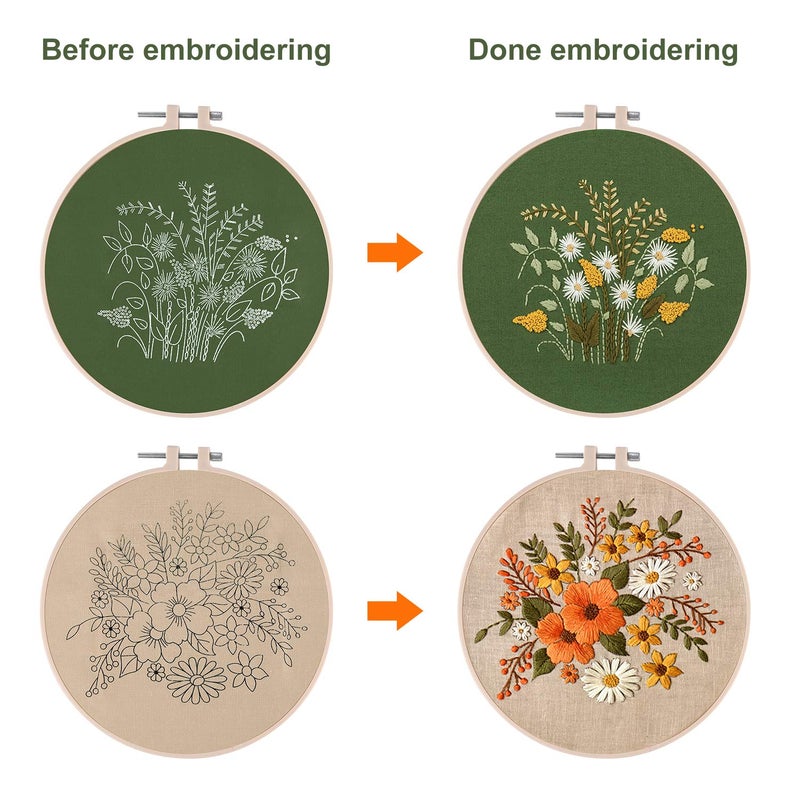 FEPITO 2 Sets Full Range Embroidery Starter Kit with Pattern and Instructions Cross Stitch Kit Includes 2 Pcs Embroidery Clothes with Floral Pattern, 1 Pcs Plastic Embroidery Hoops, 1 Pcs Scissor - Image 4